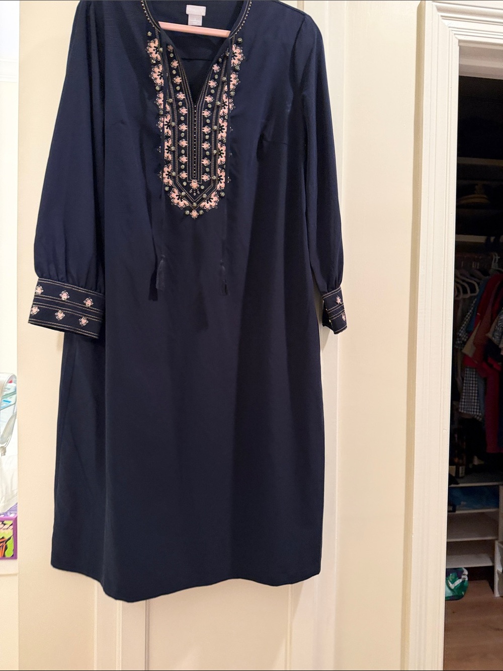Chico's Navy Midi Dress with Pink Embroidery and Blue Crystals